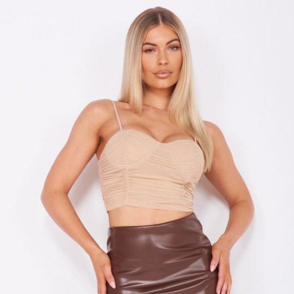 Mesh Sleeveless Bustier Ruched Crop Top
